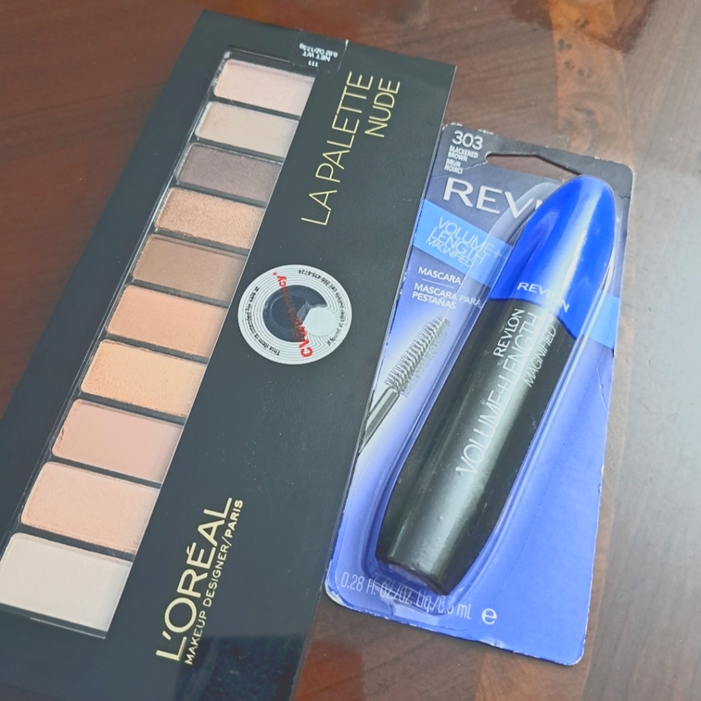 Makeup bundle: L'oreal Nude palette and Revlon Volume + Length Magnified mascara